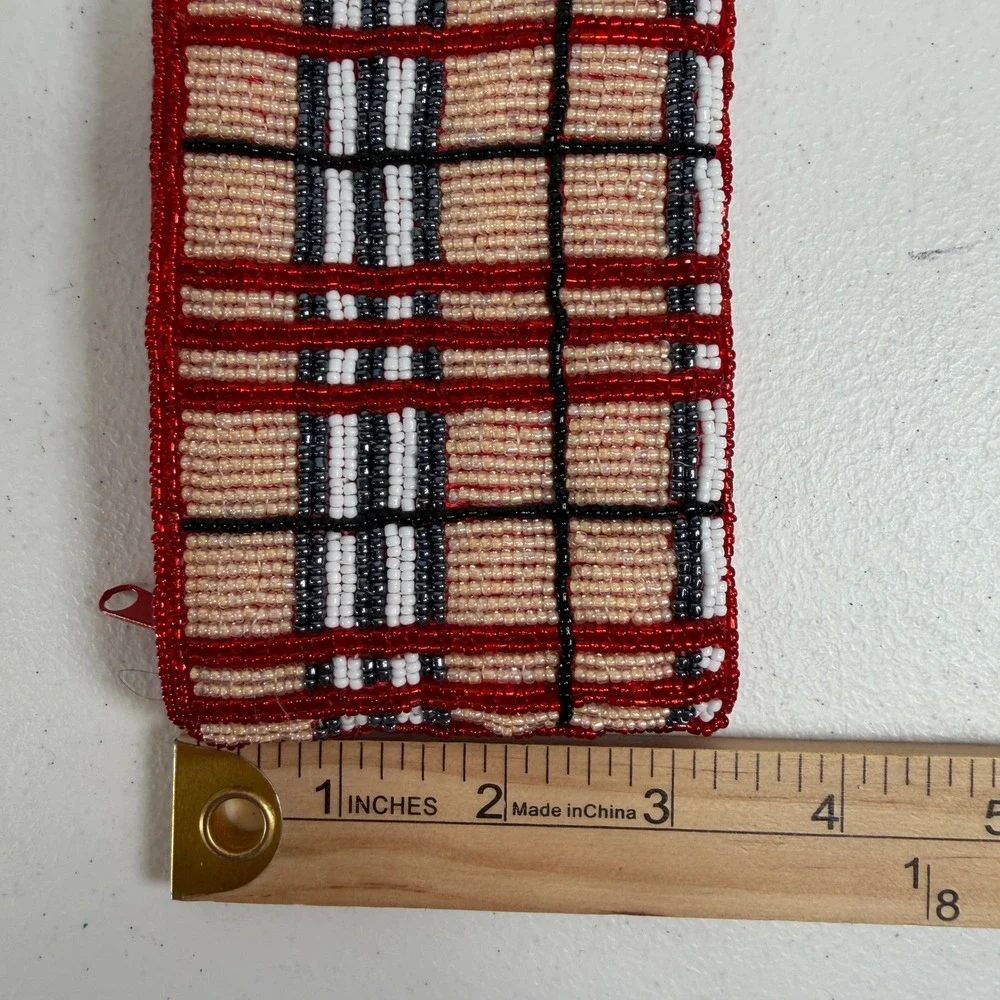 Vintage Coin Purse Plaid Beaded Red Tan White Black Zippered Card ID Pouch